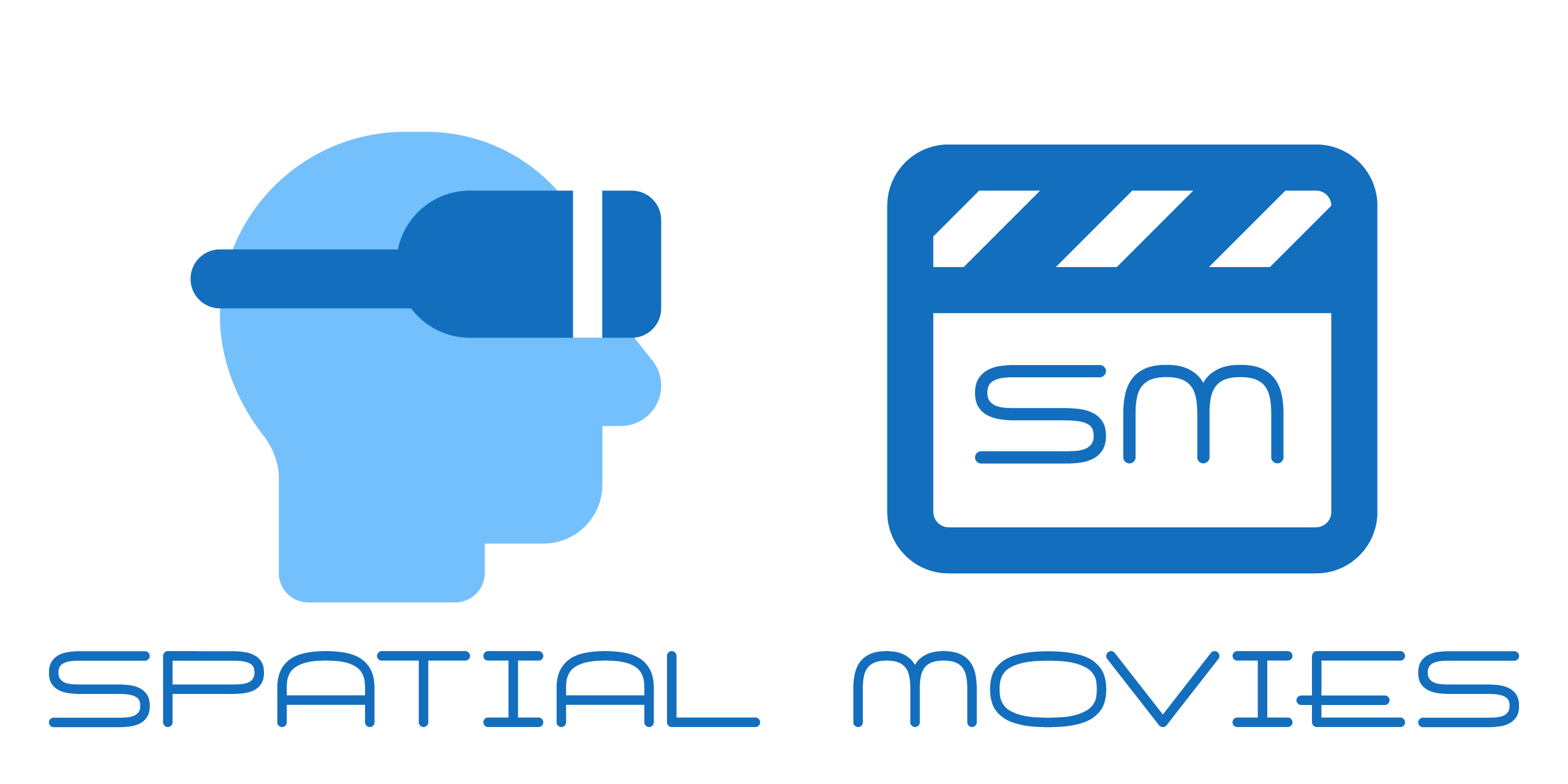 Simple shapes of a person wearing VR goggles and a movie clapperboard with the letters S and M on it above the text Spatial Movies.