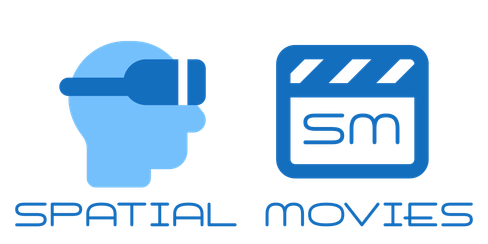 Simple shapes of a person wearing VR goggles and a movie clapperboard with the letters S and M on it above the text Spatial Movies.